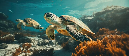 Obraz premium Two sea turtles diving underwater are in a selective image With copyspace for text
