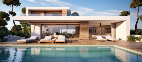 Fototapeta premium Contemporary villa with swimming pool and indoor deck With copyspace for text