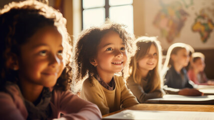 Obraz premium Happy children study in the classroom. A group of kids learn at school. Learning and education concept.