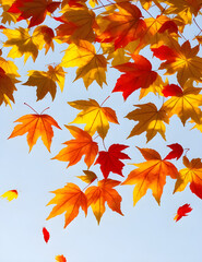 Generative KI bunte fallende Herbstblätter im Sonnenlicht