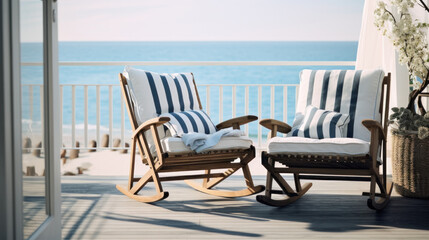 Empty Beach chair on hotel balcony with sea view