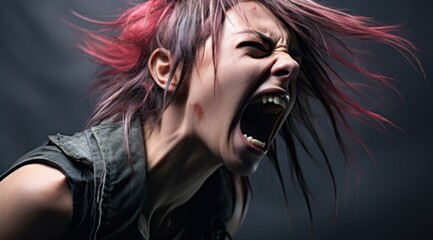 a woman screaming with red hair