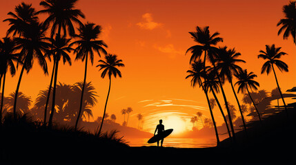 Silhouette of a surfer on a palm tree