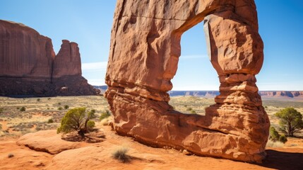 a rock formation with a hole in the middle with nature in the background