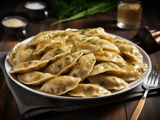 a plate of dumplings on a wooden surface