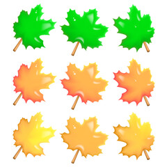 Set of colored autumn leaves. 3D maple leaves of different colors - 658891165