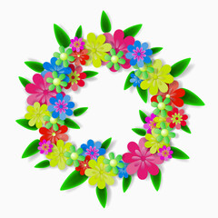 Wreath with paper flowers and  leaves. Vector 3D floral wreath - 658891167