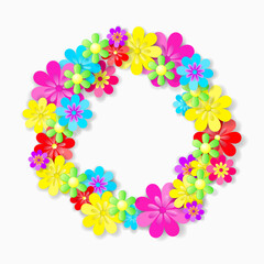 Wreath with color paper flowers. Vector 3D floral wreath - 658891171