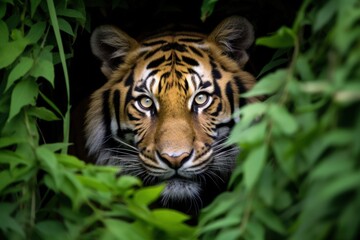 Fototapeta premium a tiger looking through leaves