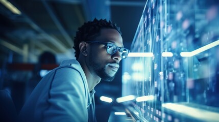 Data scientists work in a modern office of a technology company on the development of a quantum computer. Science, technology, big data and blockchain concept.