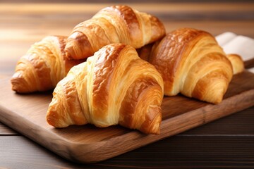 a group of croissants on a wooden board