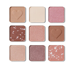 Top view set of eye shadow natural neutral swatches isolated with translucent shadow, in metal...
