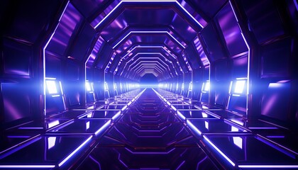 Ultraviolet neon light tunnel with hexagon frames and a hexagonal portal at the end