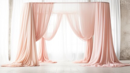a pink curtains on a white floor