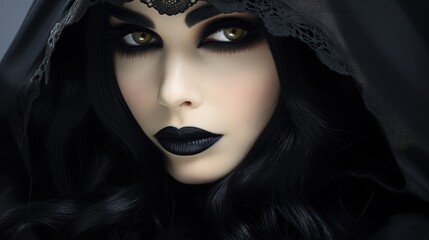 a woman with black makeup and black hair