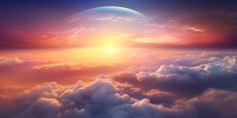 Naklejka na ściany i meble Beautiful rainbow over the clouds at sunset