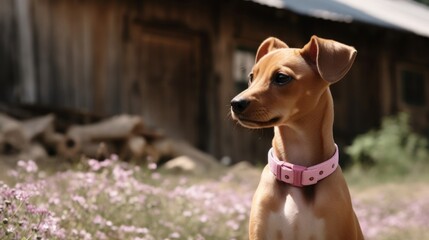 a dog wearing a pink collar