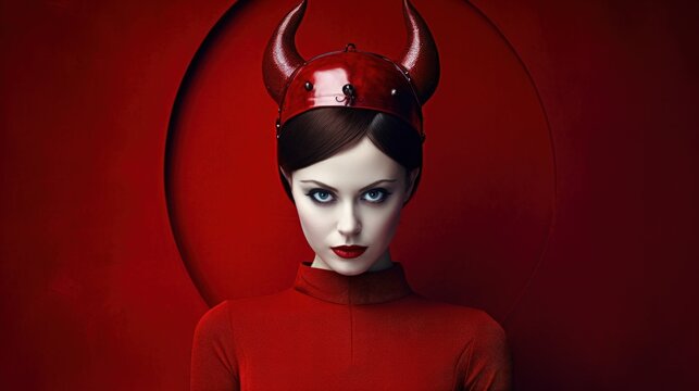 a woman wearing a red devil hat