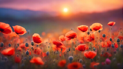 Fototapeta na wymiar Orange poppy flowers field in sunset.
