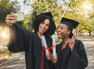 Graduation diploma, peace sign and happy friends selfie for academy success, university or social media memory photo. College study, achievement or excited students post school profile picture on app