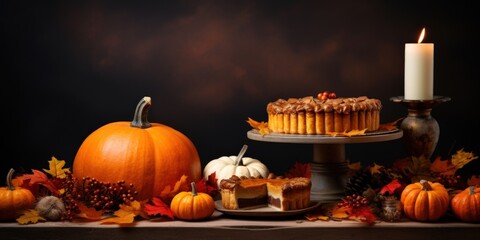 a table with pumpkins and pies