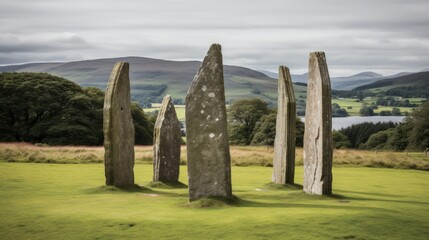 a group of stone pillars in a field with Callanish Stones in the background