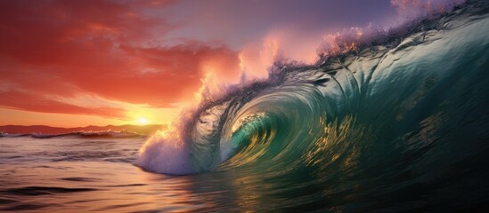 Colorful rough ocean with falling surf wave at sunset With copyspace for text