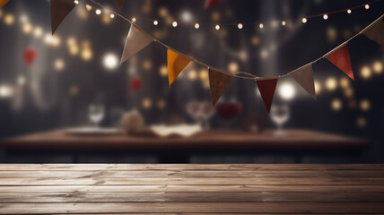 Rooftop empty table setting at dusk with a rustic wooden table, festooned with whimsical pennant banners and string lights, overlooking a shimmering city skyline.