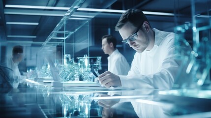 Data scientists work in a modern office of a technology company on the development of a quantum computer. Science, technology, big data and blockchain concept.
