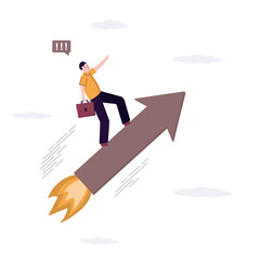 Startup vision, leadership, visionary. Businessman standing on an arrow flying up in sky. entrepreneur sees new business opportunities. Startup, arrow like a rocket fly fast.