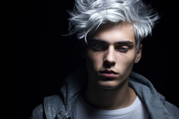 Obraz premium Barbershop. Eccentric man with dyed hair. Blond hipster guy. Handsome man with stylish haircut.Modern handsome man with blonde dyed hair. Coloring of mens hair.
