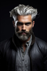 Obraz premium Barbershop. Eccentric man with dyed hair. Blond hipster guy. Handsome man with stylish haircut.Modern handsome man with blonde dyed hair. Coloring of mens hair.