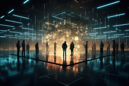 Data scientists work in a modern office of a technology company on the development of a quantum computer. Science, technology, big data and blockchain concept.