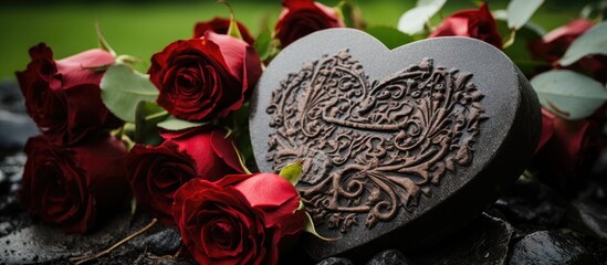 Text on a heart shaped stone adorned with roses In Memory With copyspace for text
