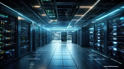 Server room in a modern office of a technology company. Development of a quantum computer. Science, technology, big data and blockchain concept.