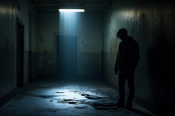 Depressed man sits in a dark corridor, allowing his sadness to overflow generative ai