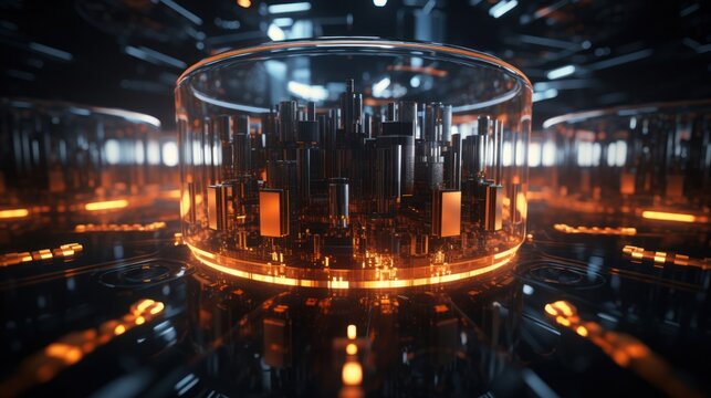 Development of a quantum computer. Science, technology, big data and blockchain concept.