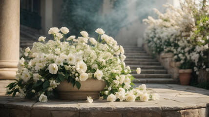 empty podium made of stone with white flowers and bunch on spring background for presentation of products and cosmetics. 