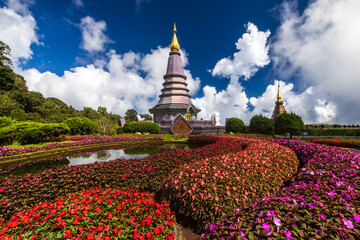 Two pagodas and flower gardens at Doi Inthanon mountain. - 658893940