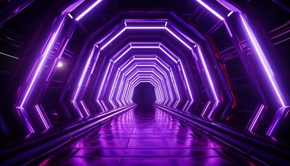 Ultraviolet neon light tunnel with hexagon frames and a hexagonal portal at the end