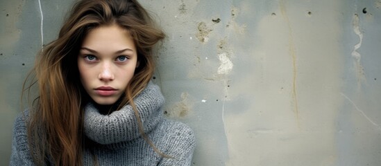 Fototapeta premium Urban girl leaning on concrete wall in a captivating cross processed image With copyspace for text