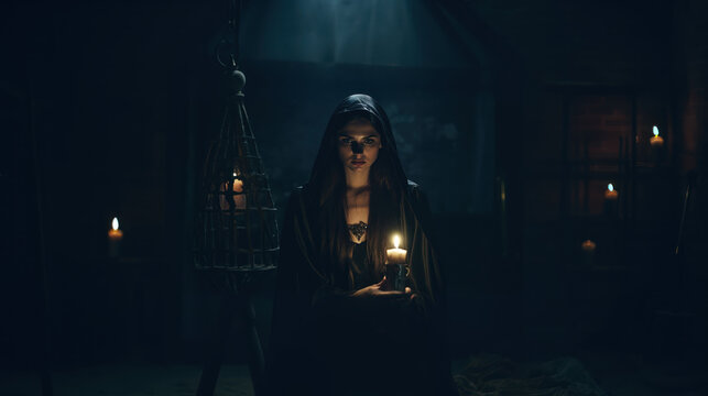 Beautiful witch making the witchcraft in a dark and scary dungeon. Halloween image.