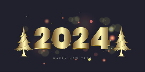 2024 Happy New Year With an illustration gold number. and 3Ds text Premium vector design for posters, banners, calendar and greetings banner design