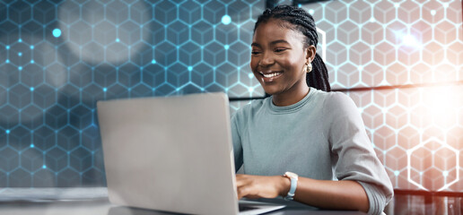 Grid overlay, business woman and computer in office for email work and digital planning. Working, African female professional and technology for website development job reading research information - Powered by Adobe