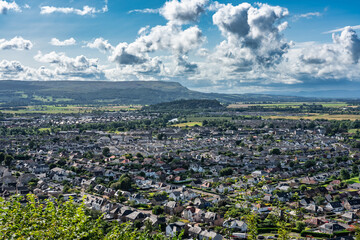 Aerial view of the city of Stirling at the foot of the hill of the William Wallace Monument, Scotland.