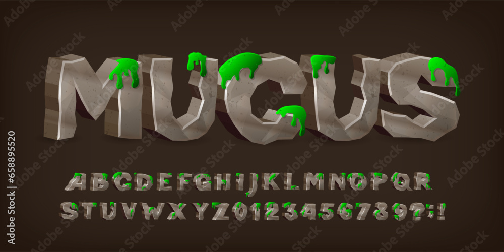 Fototapete mucus alphabet font. 3d stone letters and numbers with a slime. vector typography for your design.