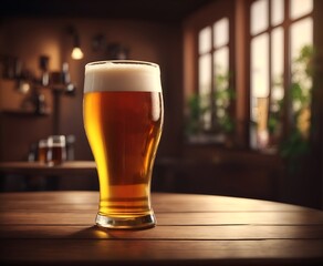 Cold glass of beer on wooden table in a bar