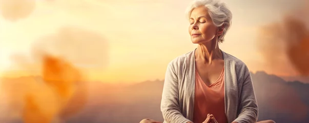 Poster Embracing Serenity: Mature Senior Woman Explores Yoga, Meditation, and Zen at a Spiritual Workshop. © dimensdesign
