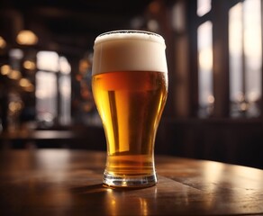 Cold glass of beer on wooden table in a bar