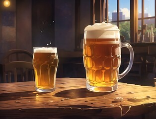 Two old glasses of beer of different sizes on a wooden table in a bar, animated style